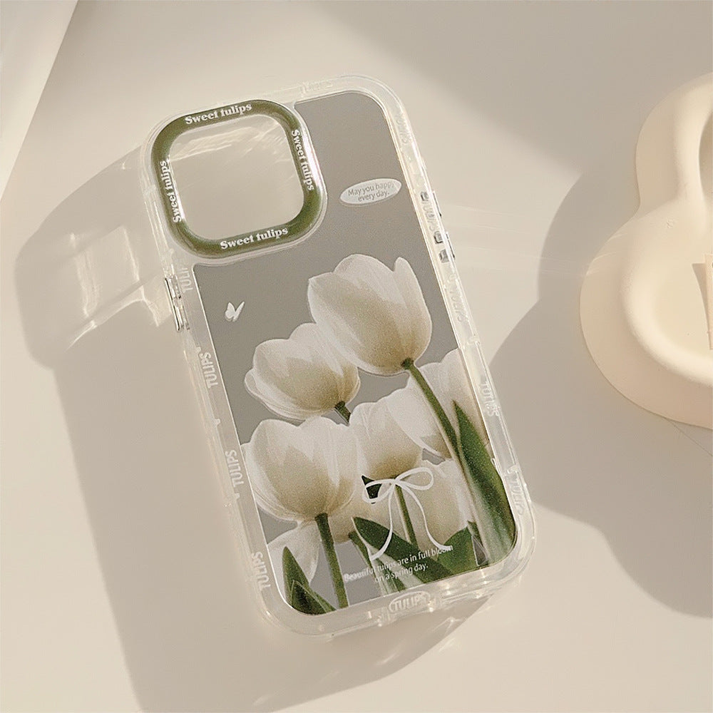 Mirror suitable for 16ProMax Apple 15 mobile phone case iPhone17 pink and white tulip 12 small fresh 11 anti-drop