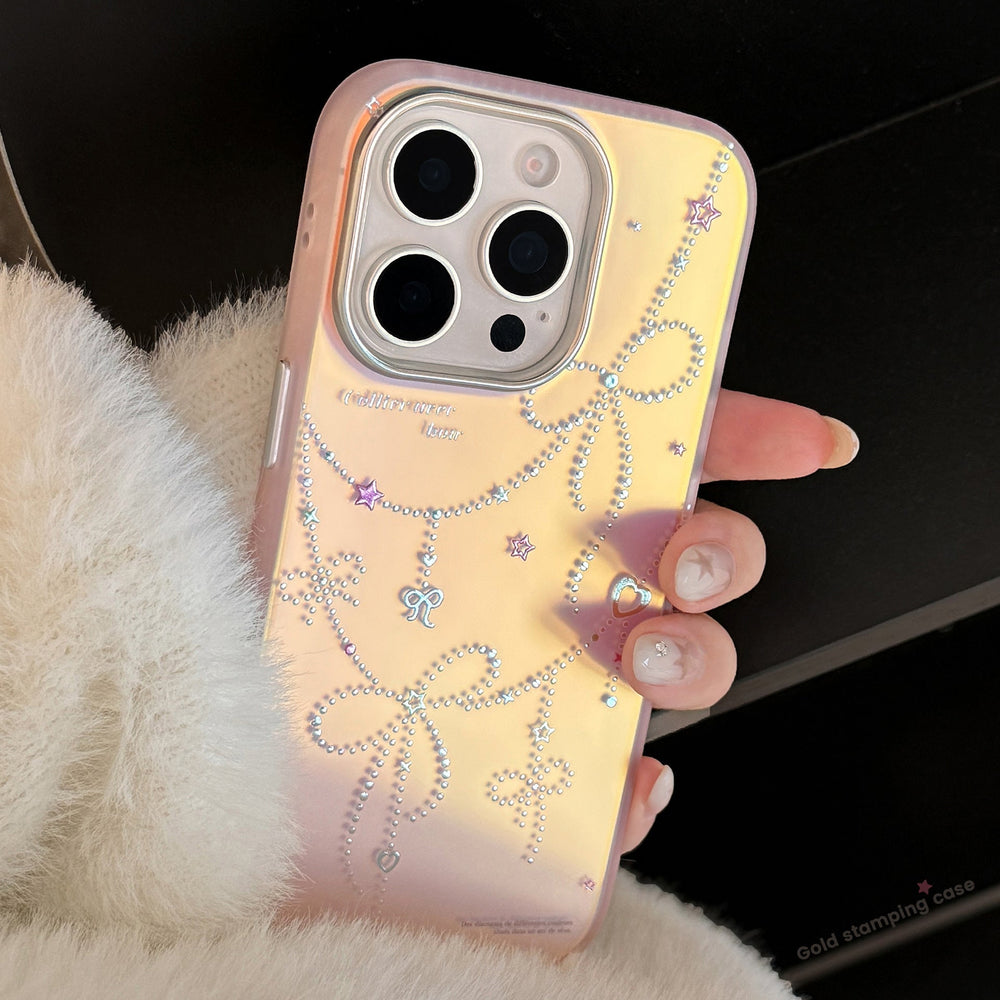 Estilo princesa dorada aplica a funda de teléfono móvil iphone17 15 lazo láser rosa 16Promax anticaída 13 dura