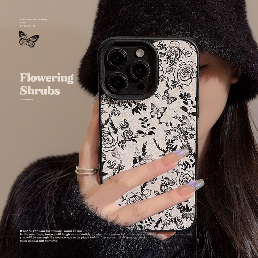 Estuche de cuero para iPhone 15, 17pro max, 11, 16, 12, con diseño de flor de rosa y manzana, estilo literario y artístico