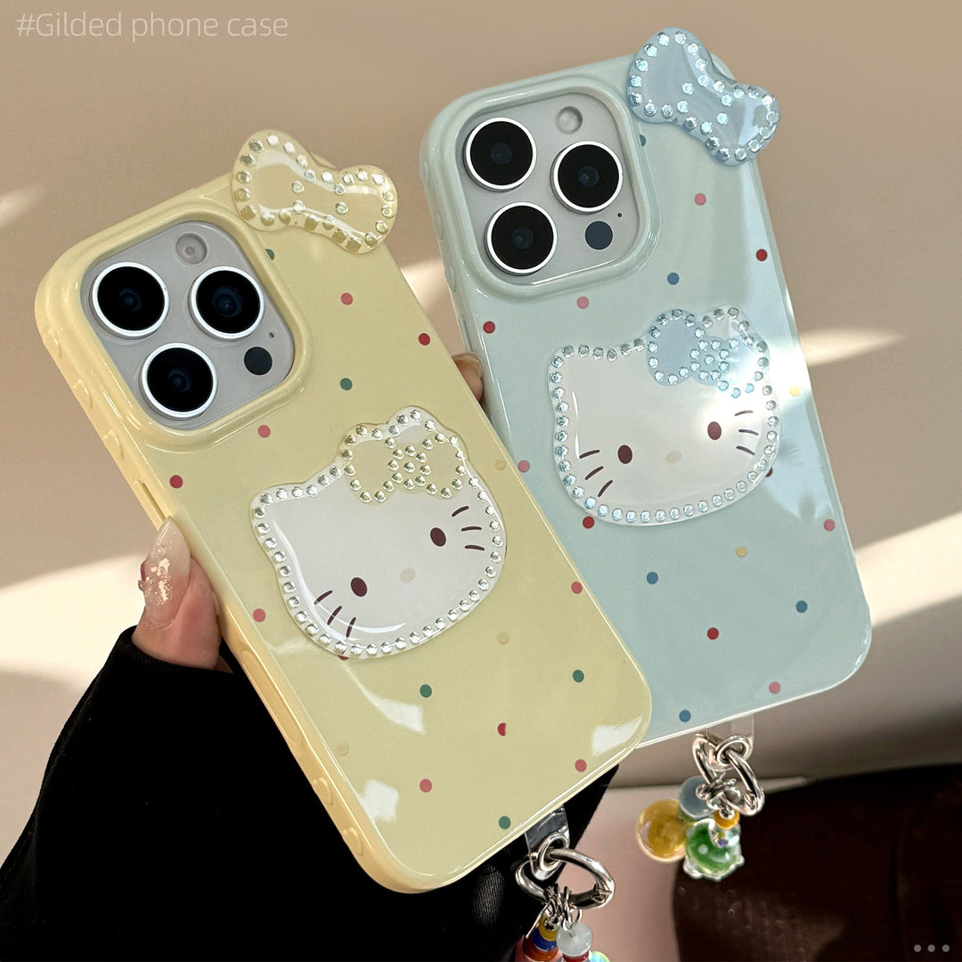 El diseño tridimensional dorado es adecuado para la funda de iPhone 16promax de Apple, el iPhone 14 con lazo de lunares de colores y el colgante de gato del 13.