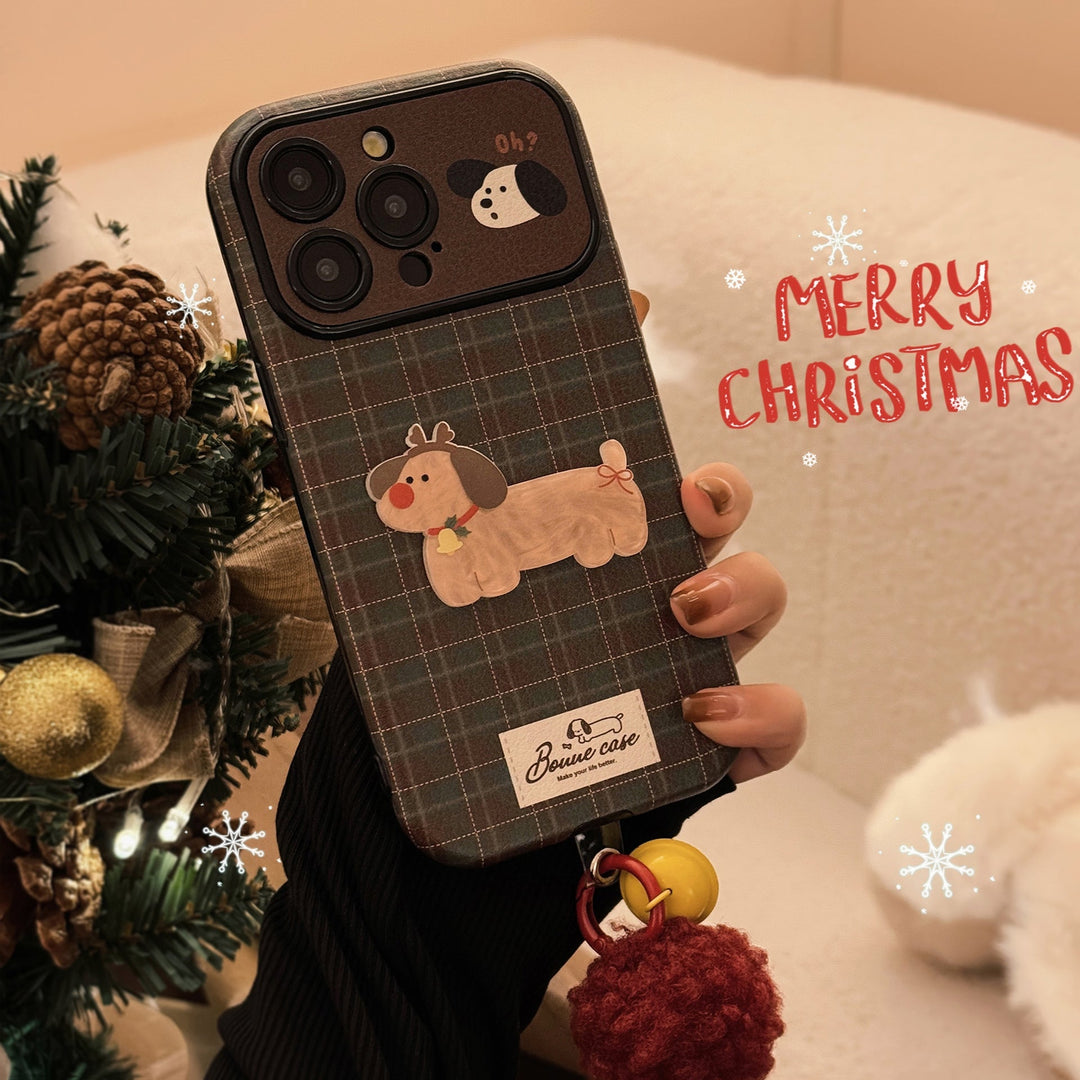 Funda para iPhone 16 de cuadros vintage, para iPhone 15 de cachorro de Navidad, para 14promax de cuero, cuerda de felpa 17