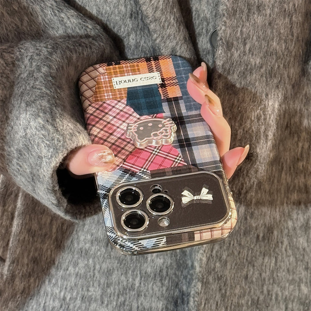 Funda para teléfono móvil Retro a cuadros con empalmes de gato 14 para 15promax Apple iphone16 tridimensional 17 piel 13
