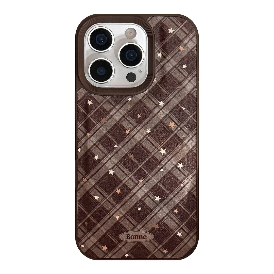 Carcasa de teléfono móvil Apple 17 de rombo marrón cálido iPhone 16promax de cuero 15 apta para 13 retro 11 anticaída