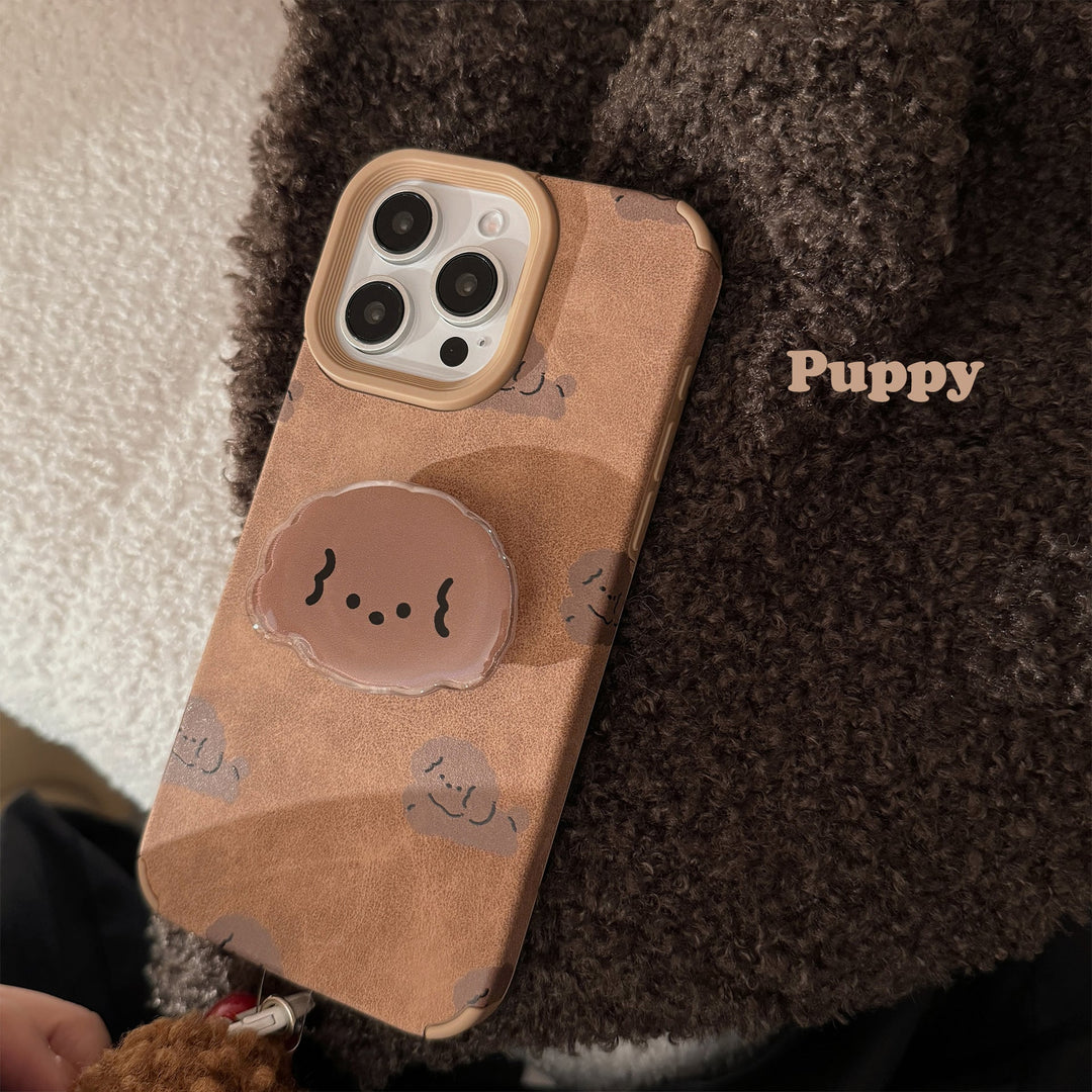 ins leather brown dog for iphone16 iphone case 14pro max retro bracket 15 pom-pom 17