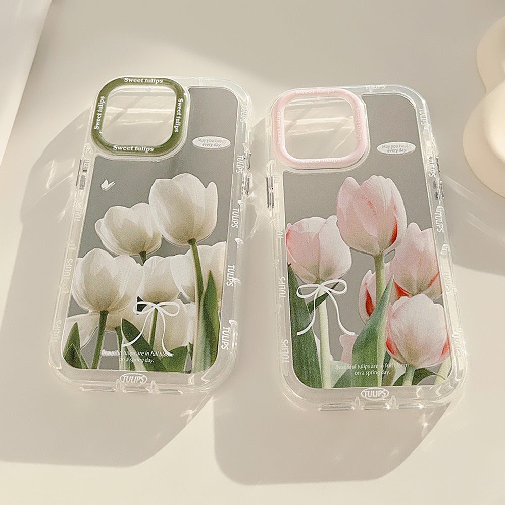 Mirror suitable for 16ProMax Apple 15 mobile phone case iPhone17 pink and white tulip 12 small fresh 11 anti-drop