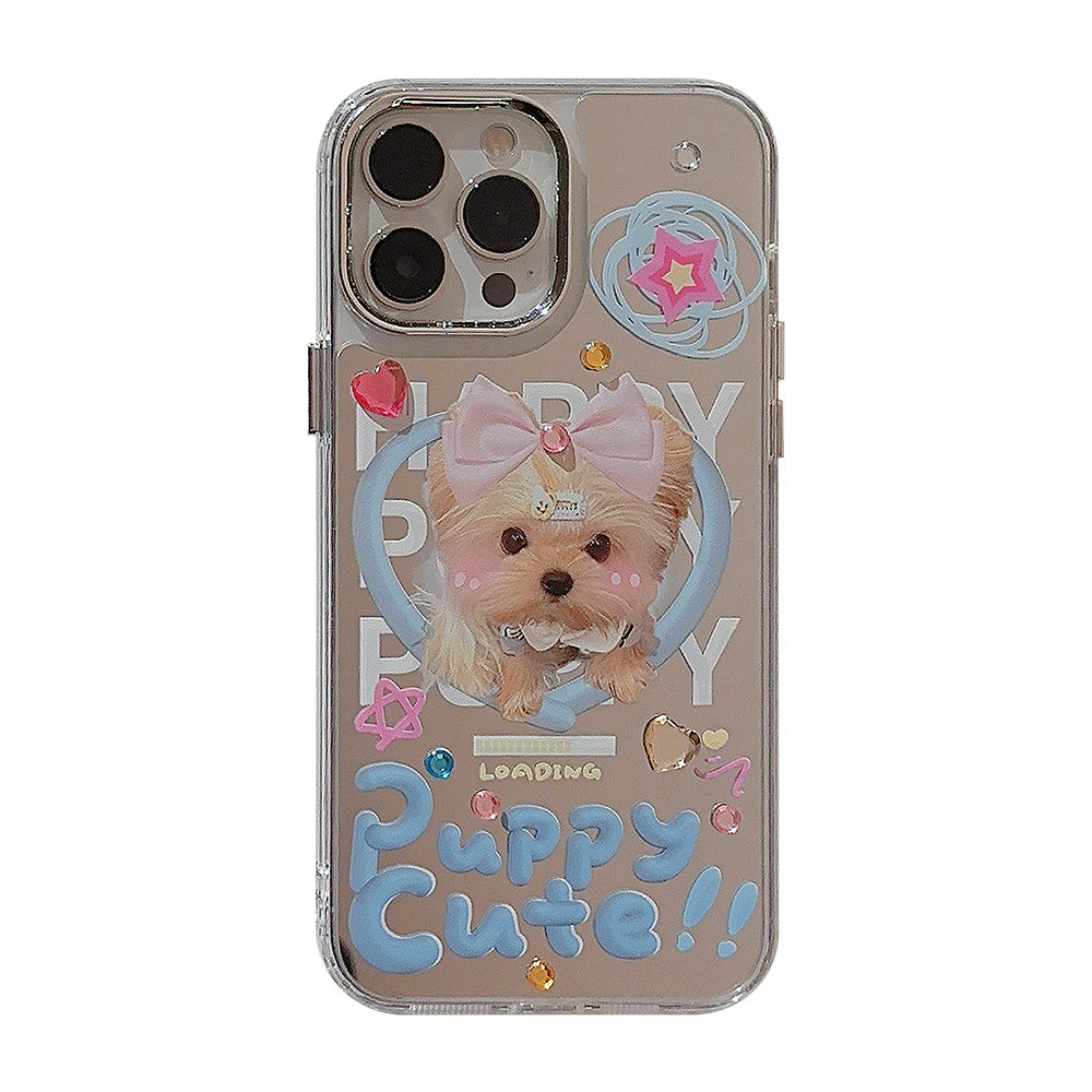 Funda para iPhone Dopamine puppy 17promax para iPhone 16 bonita 13 espejo de maquillaje 15 pegatina diamante