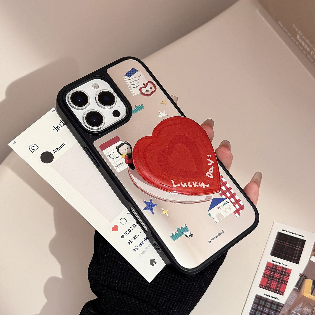 funda para teléfono móvil ins de dibujos animados coreanos apta para iPhone 16 Apple 17Pro Max espejo 13 con soporte de amor 15