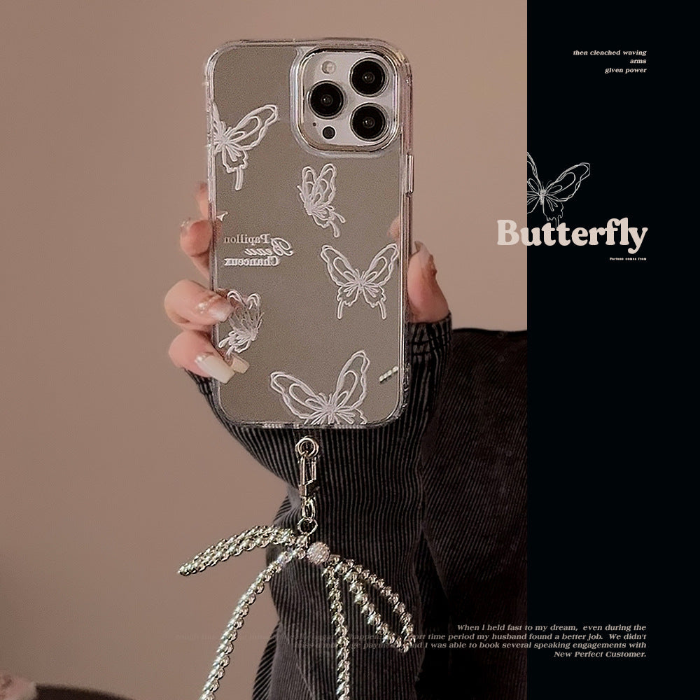La superficie de espejo es adecuada para la funda del teléfono móvil Apple 15 Pro max, iPhone 16 con temperamento de mariposa avanzada, 13 anti-caída, 11 con cadena, 17