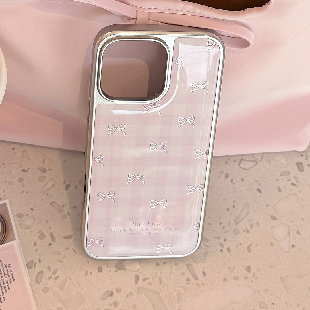Gilt aplica a la funda de móvil Apple 17promax iphone16 lazo a cuadros rosa 13 galvanoplastia 14 dura Huawei