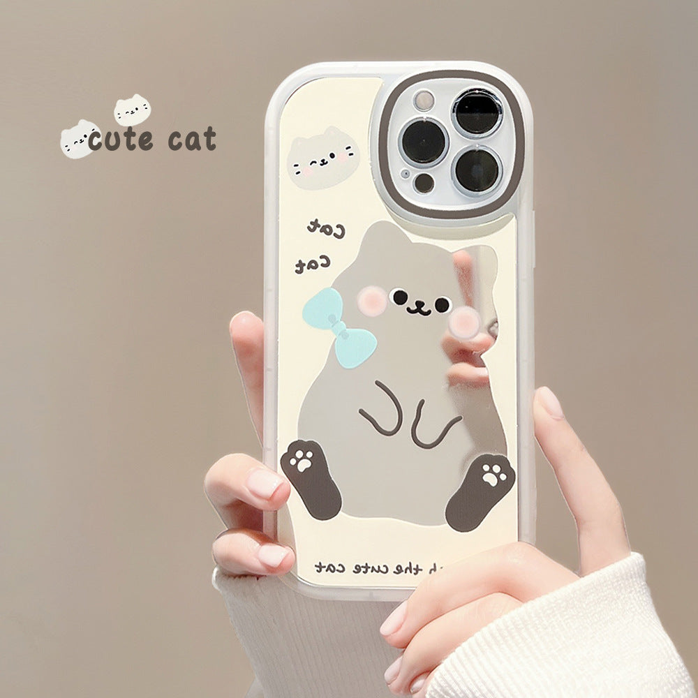 Funda de teléfono móvil ins de gato de dibujos animados, adecuada para iPhone 16, 11 Apple, funda protectora con espejo de maquillaje 15 Pro Max, Xs, 14