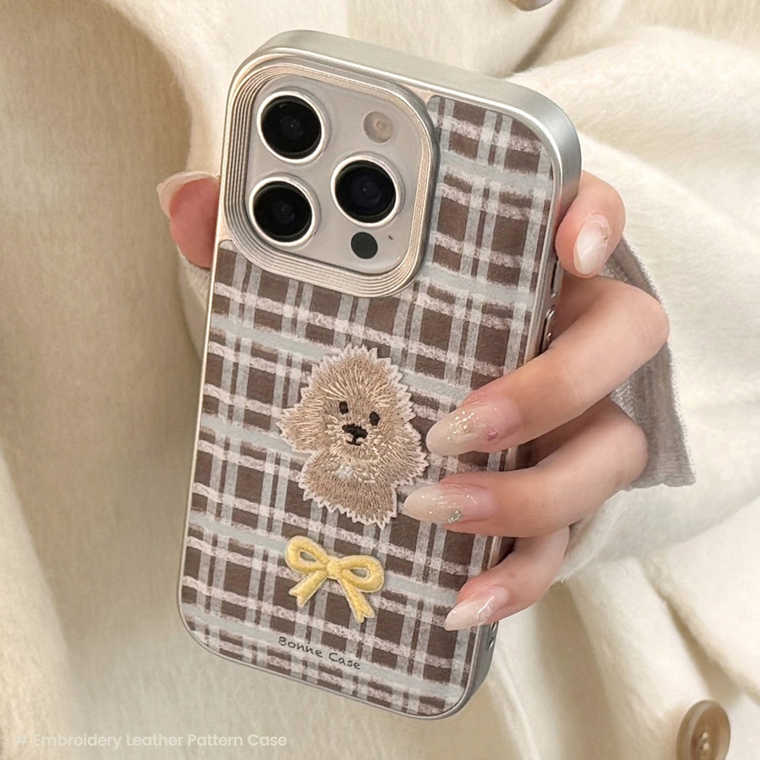 Funda para teléfono móvil de piel retro con bordado a cuadros de cachorro y manzana para iPhone 15, 16, 17promax, 11, anticaída, 14
