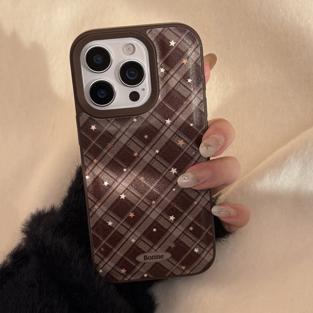 Carcasa de teléfono móvil Apple 17 de rombo marrón cálido iPhone 16promax de cuero 15 apta para 13 retro 11 anticaída