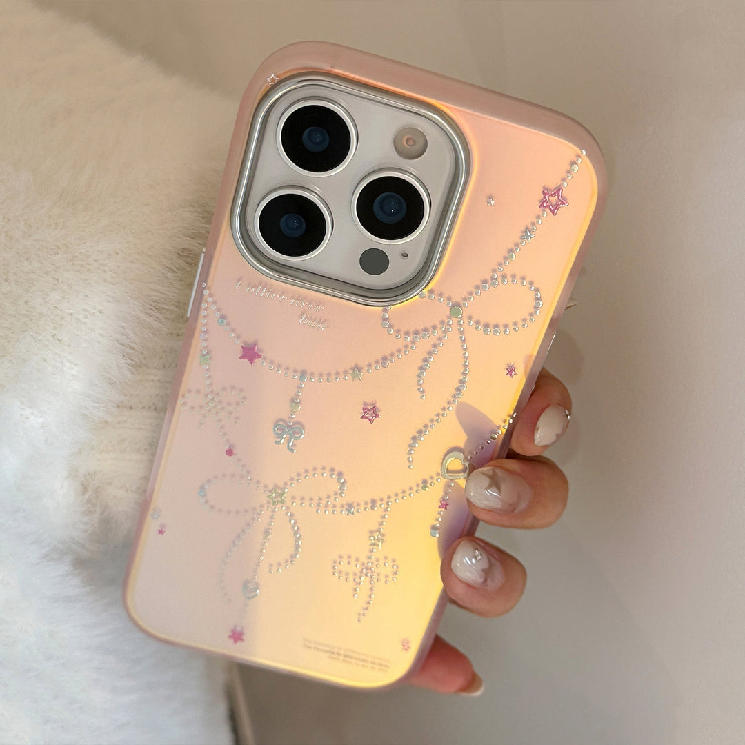 Estilo princesa dorada aplica a funda de teléfono móvil iphone17 15 lazo láser rosa 16Promax anticaída 13 dura