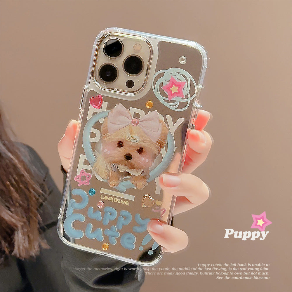 Funda para iPhone Dopamine puppy 17promax para iPhone 16 bonita 13 espejo de maquillaje 15 pegatina diamante