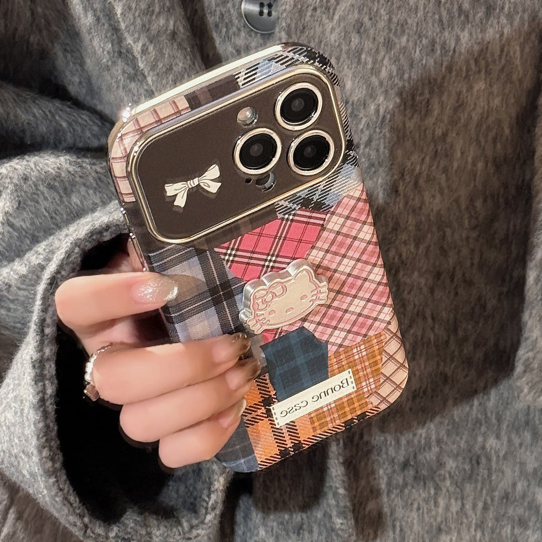 Funda para teléfono móvil Retro a cuadros con empalmes de gato 14 para 15promax Apple iphone16 tridimensional 17 piel 13