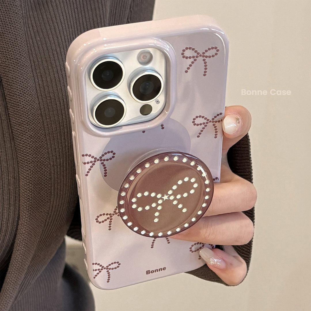 ins wind gray purple bow apple 17pro max mobile phone case iphone15 suitable for 14 gilt bracket 16 soft