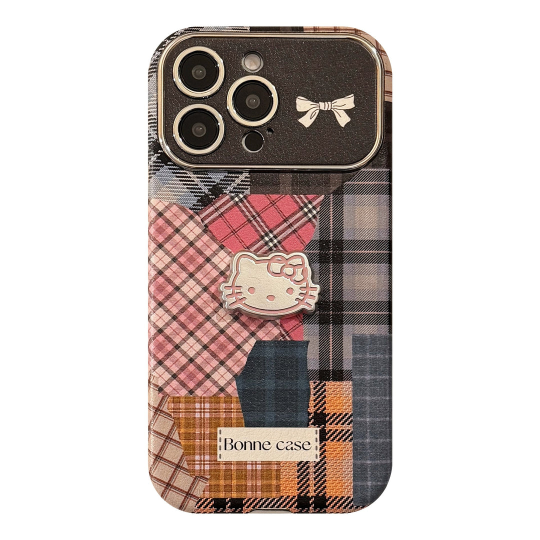 Funda para teléfono móvil Retro a cuadros con empalmes de gato 14 para 15promax Apple iphone16 tridimensional 17 piel 13