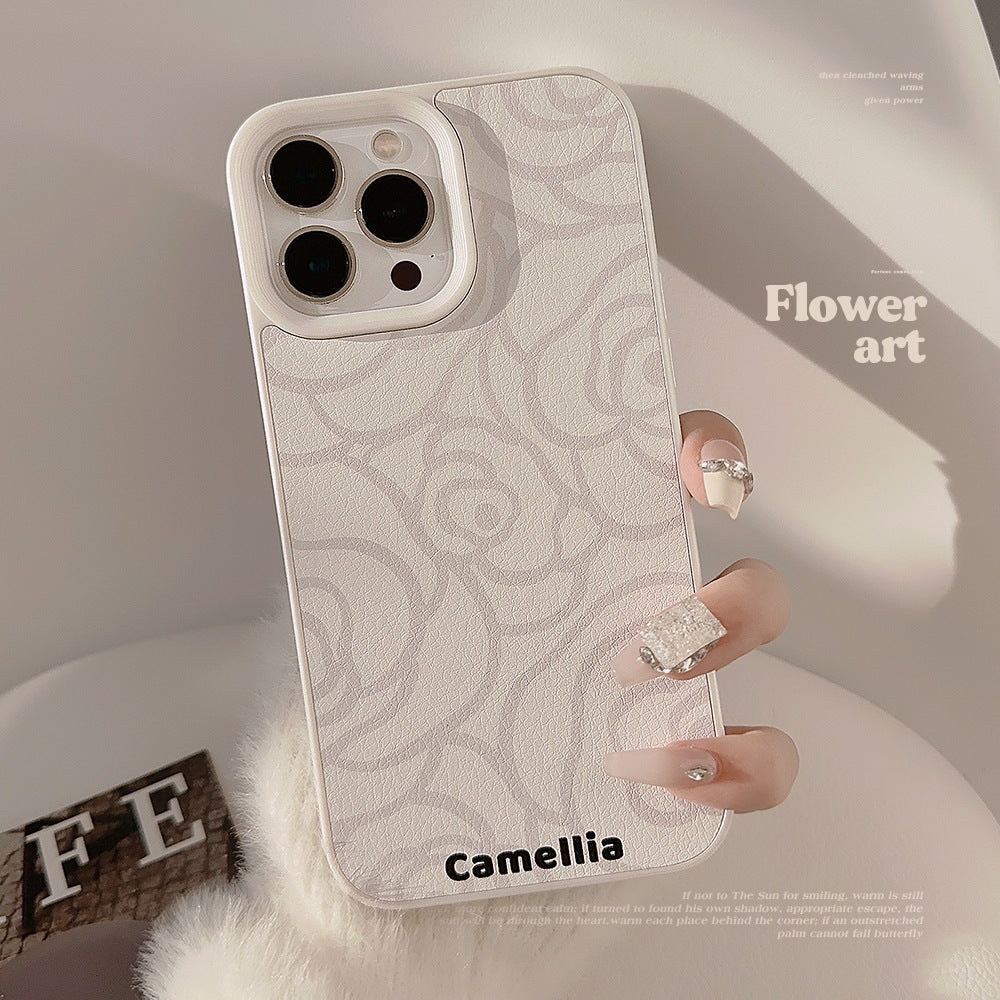 Funda de teléfono móvil Simple Camellia Apple 16 17promax de cuero 11 para iPhone 13 sentido avanzado 15 literatura y arte