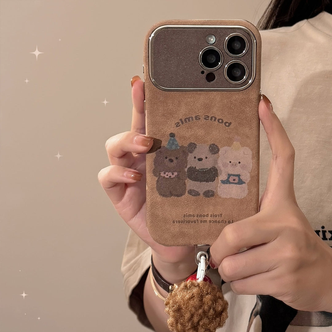 Funda para iPhone 16 de animales de dibujos animados de otoño e invierno, ante para Apple 15promax, cuerda con pompón para 14, 17