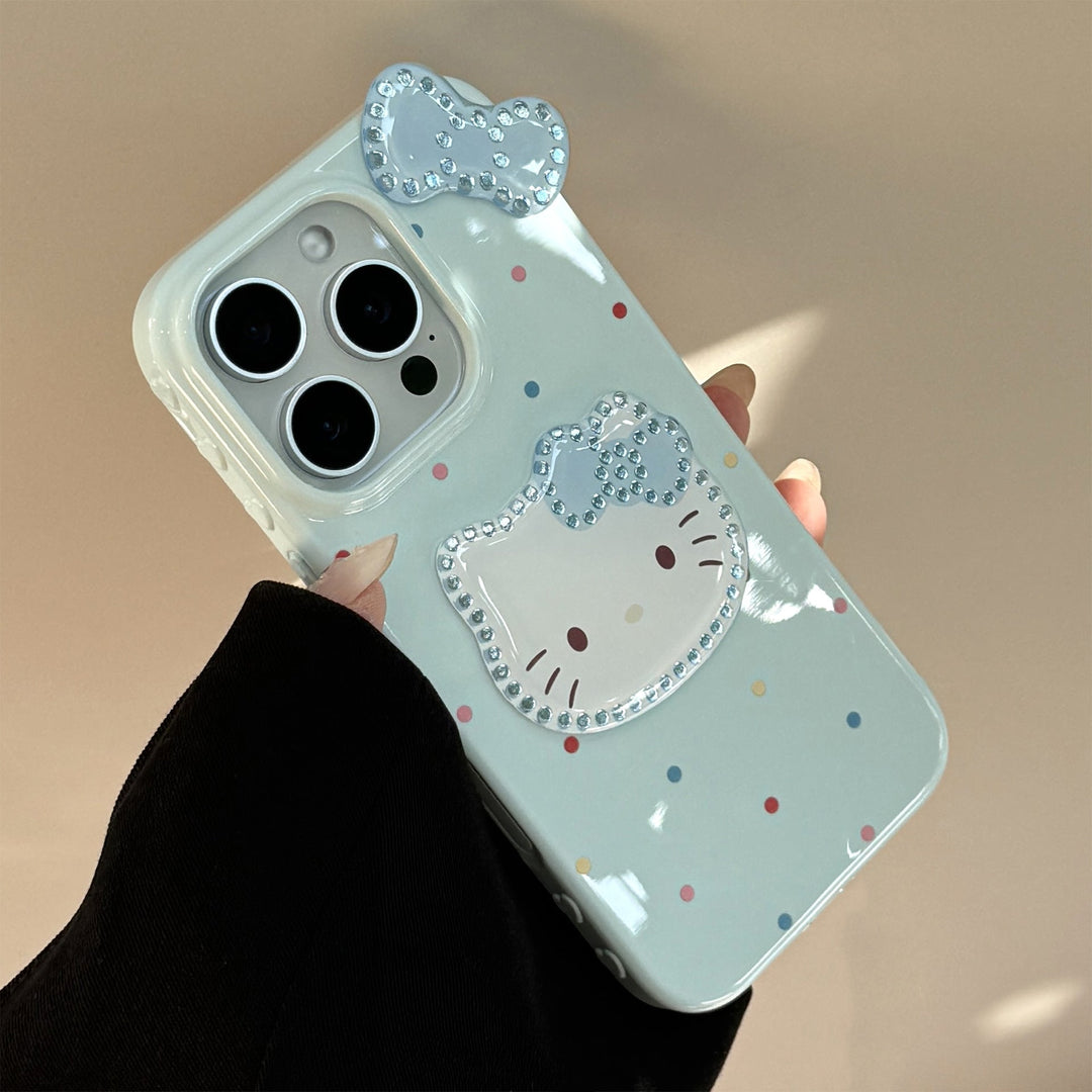 El diseño tridimensional dorado es adecuado para la funda de iPhone 16promax de Apple, el iPhone 14 con lazo de lunares de colores y el colgante de gato del 13.