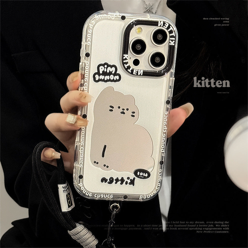 ins viento espejo gato de dibujos animados adecuado para 16Pro Max Apple 15 funda de teléfono móvil iPhone17 dulce fresco 12 cuerda de mano