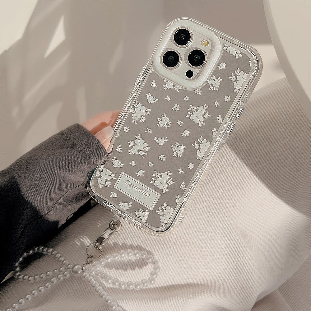 Чехол для телефона iPhone15, 16, 17Pro Max, 12, 11 "Белый чай" с зеркалом и ремешком