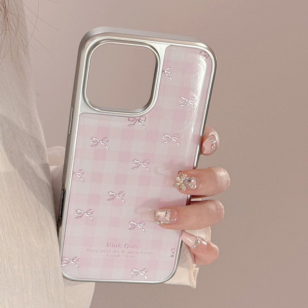Gilt aplica a la funda de móvil Apple 17promax iphone16 lazo a cuadros rosa 13 galvanoplastia 14 dura Huawei