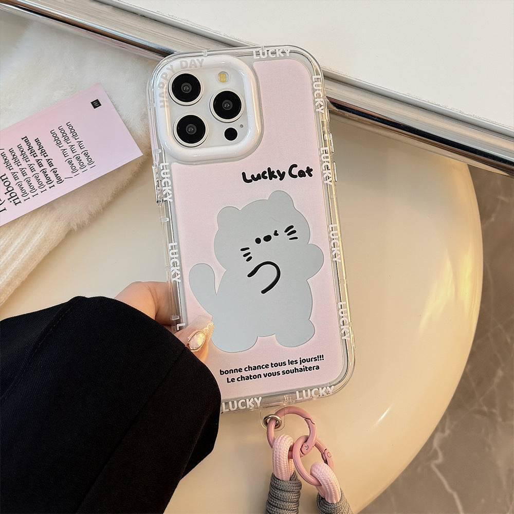 Mirror cute pink cat is suitable for Apple 16 mobile phone case iPhone17ProMax cartoon 12 generation 13 hand rope