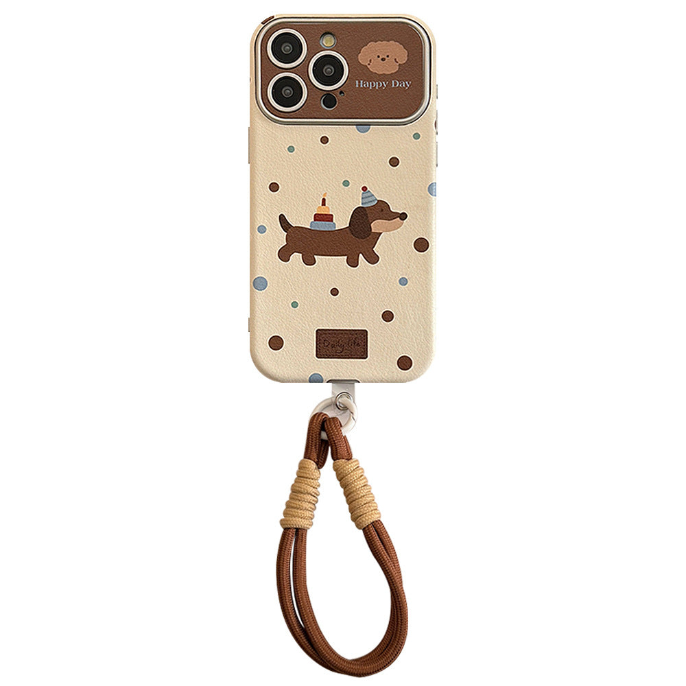 Funda de piel de teckel para iPhone 16 Pro Max, carcasa para móvil, 15 Apple, 17 retro, correa de mano, 14, funda blanda