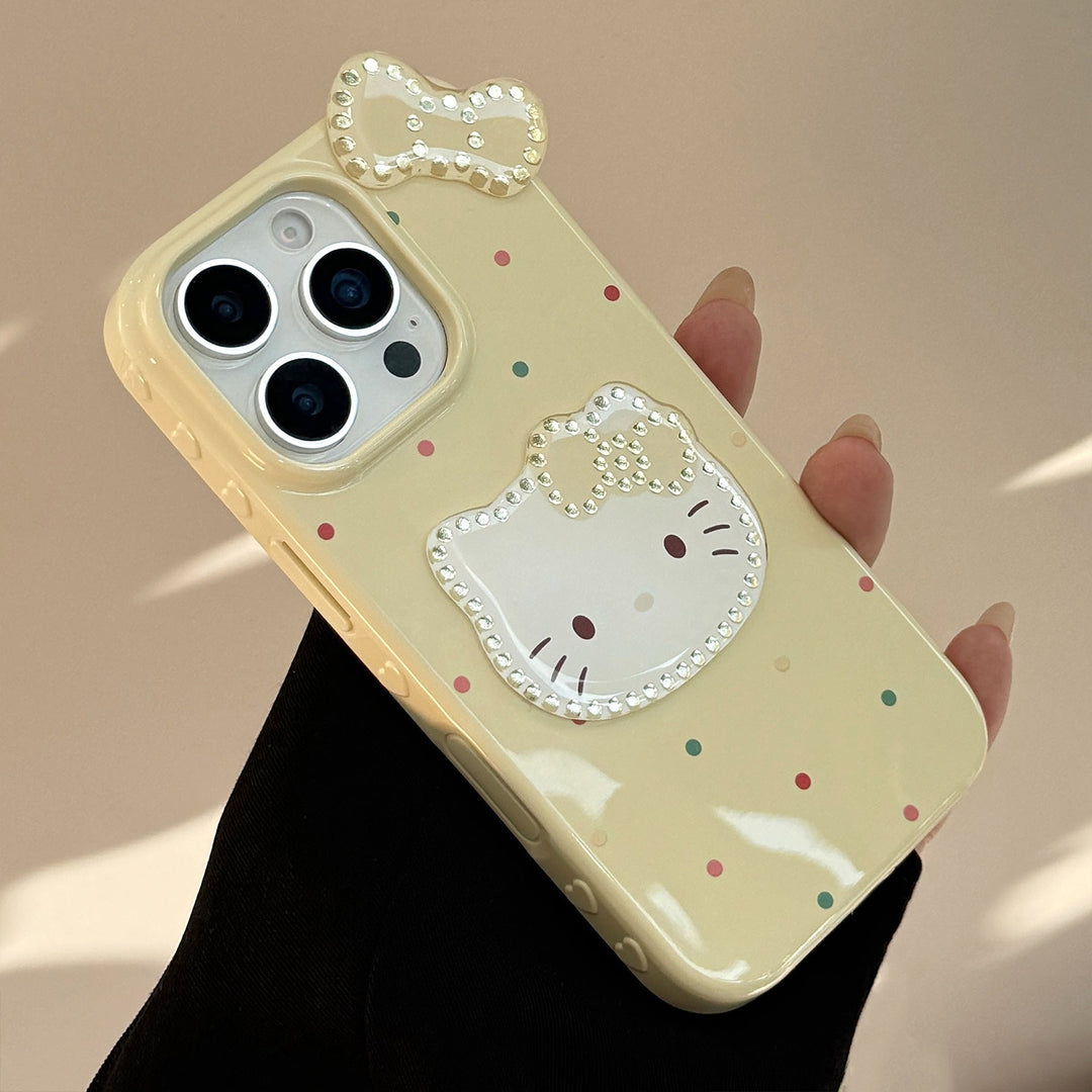 El diseño tridimensional dorado es adecuado para la funda de iPhone 16promax de Apple, el iPhone 14 con lazo de lunares de colores y el colgante de gato del 13.