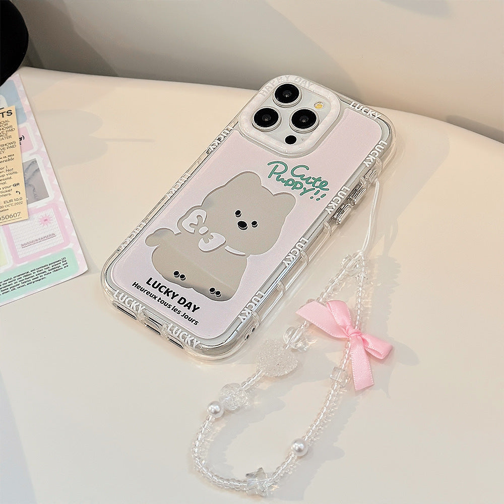 Pink Puppy Mirror Apple 16 Mobile Phone Case 14ProMax Girl iPhone15 Suitable for 17 Bow Lanyard 11