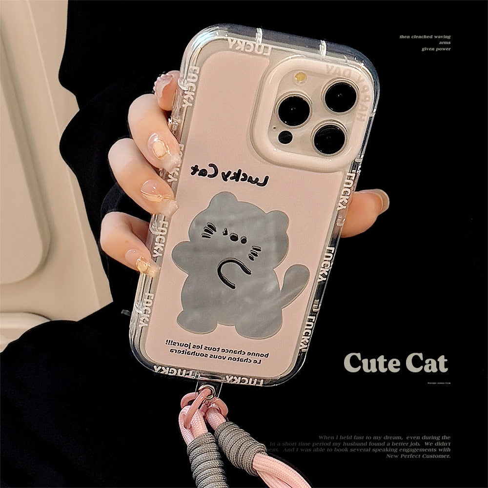 Mirror cute pink cat is suitable for Apple 16 mobile phone case iPhone17ProMax cartoon 12 generation 13 hand rope