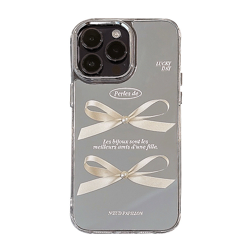Funda de teléfono para Apple 16Pro con superficie de espejo, lazo de perlas tridimensionales, iPhone 15 con temperamento 13, anticaída 17