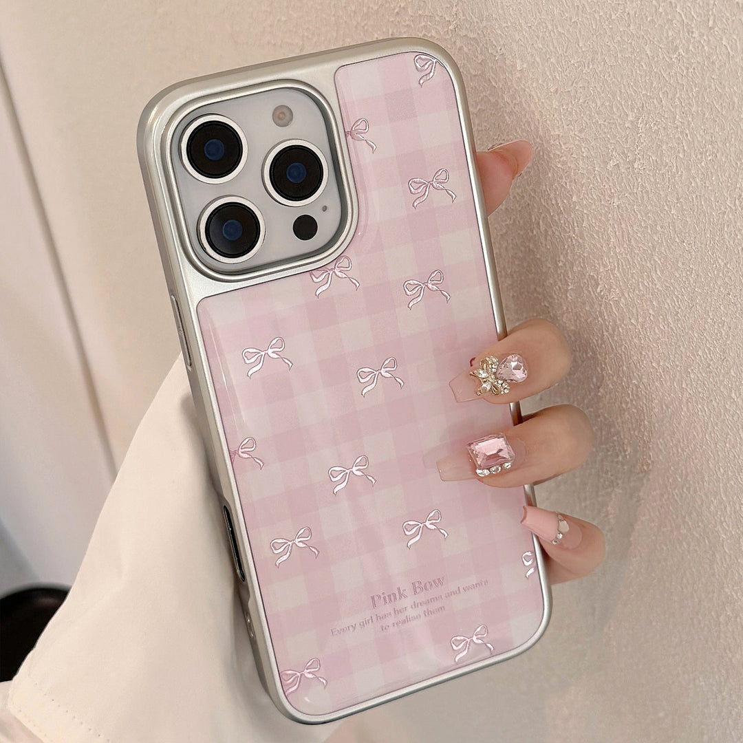 Gilt aplica a la funda de móvil Apple 17promax iphone16 lazo a cuadros rosa 13 galvanoplastia 14 dura Huawei