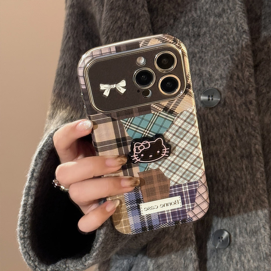 Funda para teléfono móvil Retro a cuadros con empalmes de gato 14 para 15promax Apple iphone16 tridimensional 17 piel 13