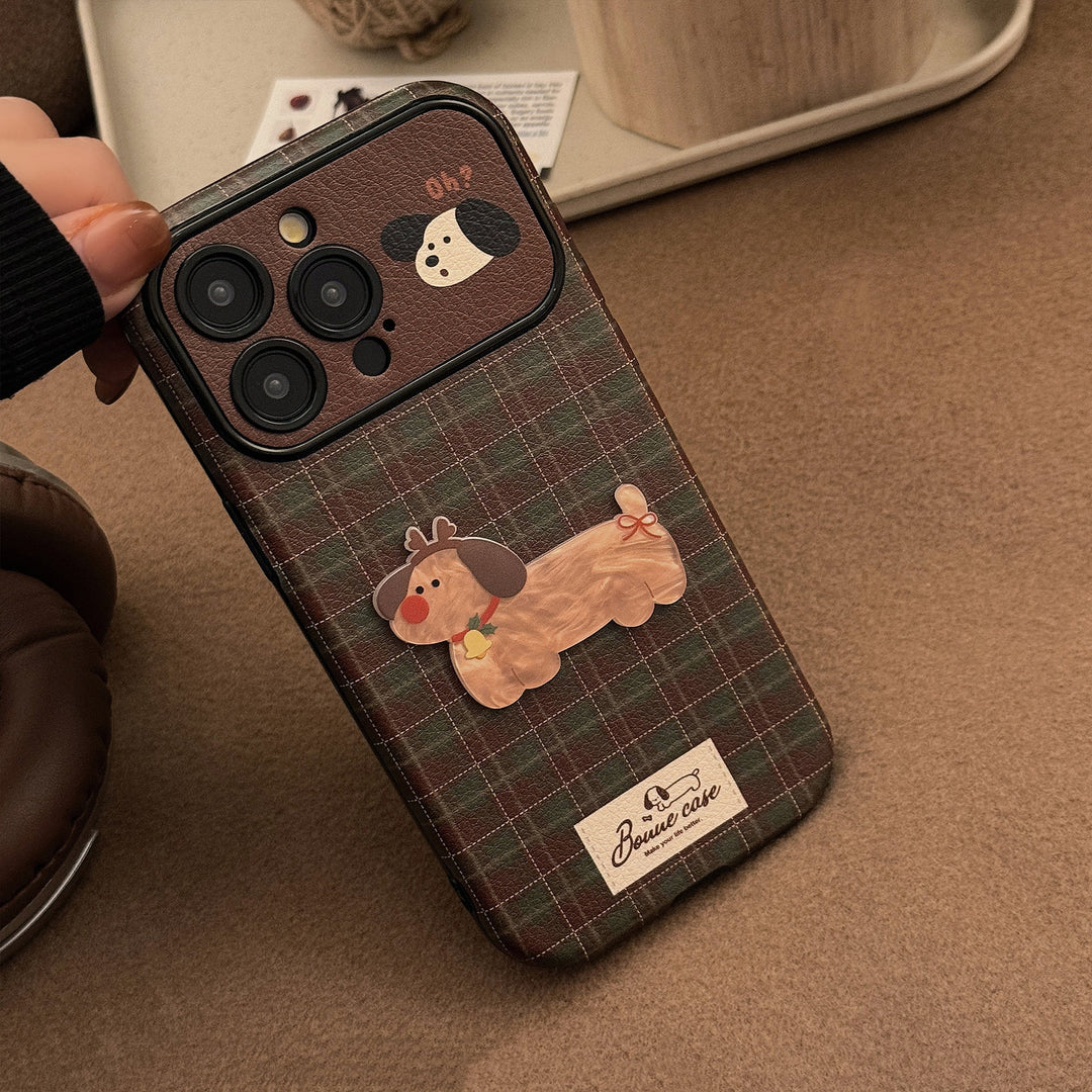 Funda para iPhone 16 de cuadros vintage, para iPhone 15 de cachorro de Navidad, para 14promax de cuero, cuerda de felpa 17