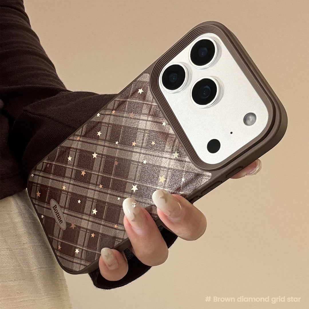 Carcasa de teléfono móvil Apple 17 de rombo marrón cálido iPhone 16promax de cuero 15 apta para 13 retro 11 anticaída
