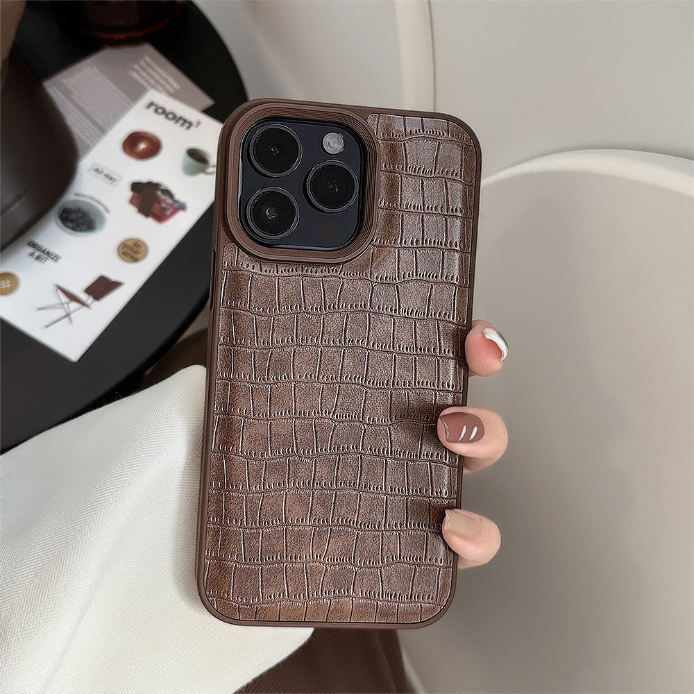 Funda para teléfono móvil de piel de aligátor marrón retro con patrón 15 Apple 16 17promax estilo premium para iPhone 13 personalidad 11