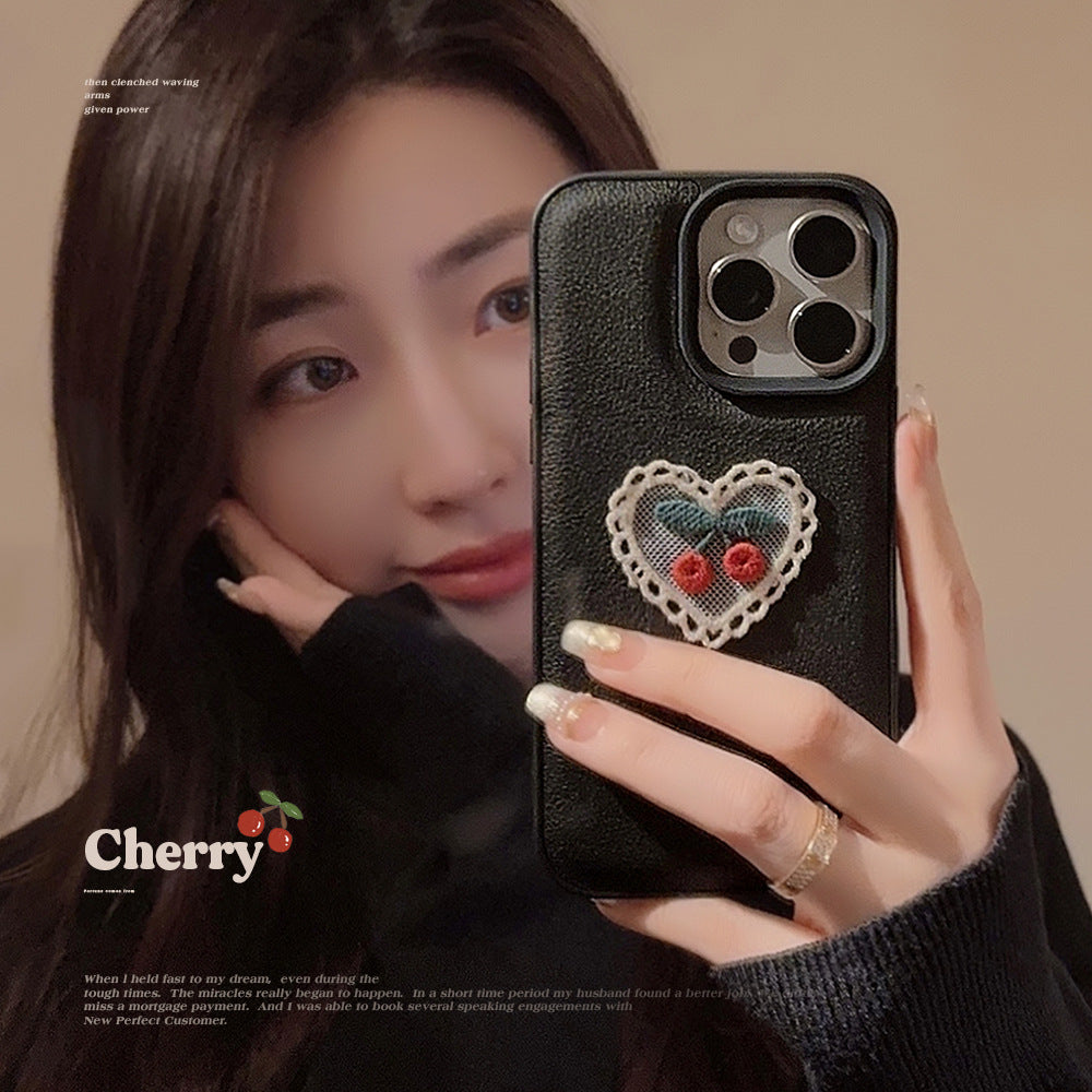 Embroidery love cherry for Apple 15 mobile phone case iPhone16promax leather 11 temperament 13 anti-drop 17