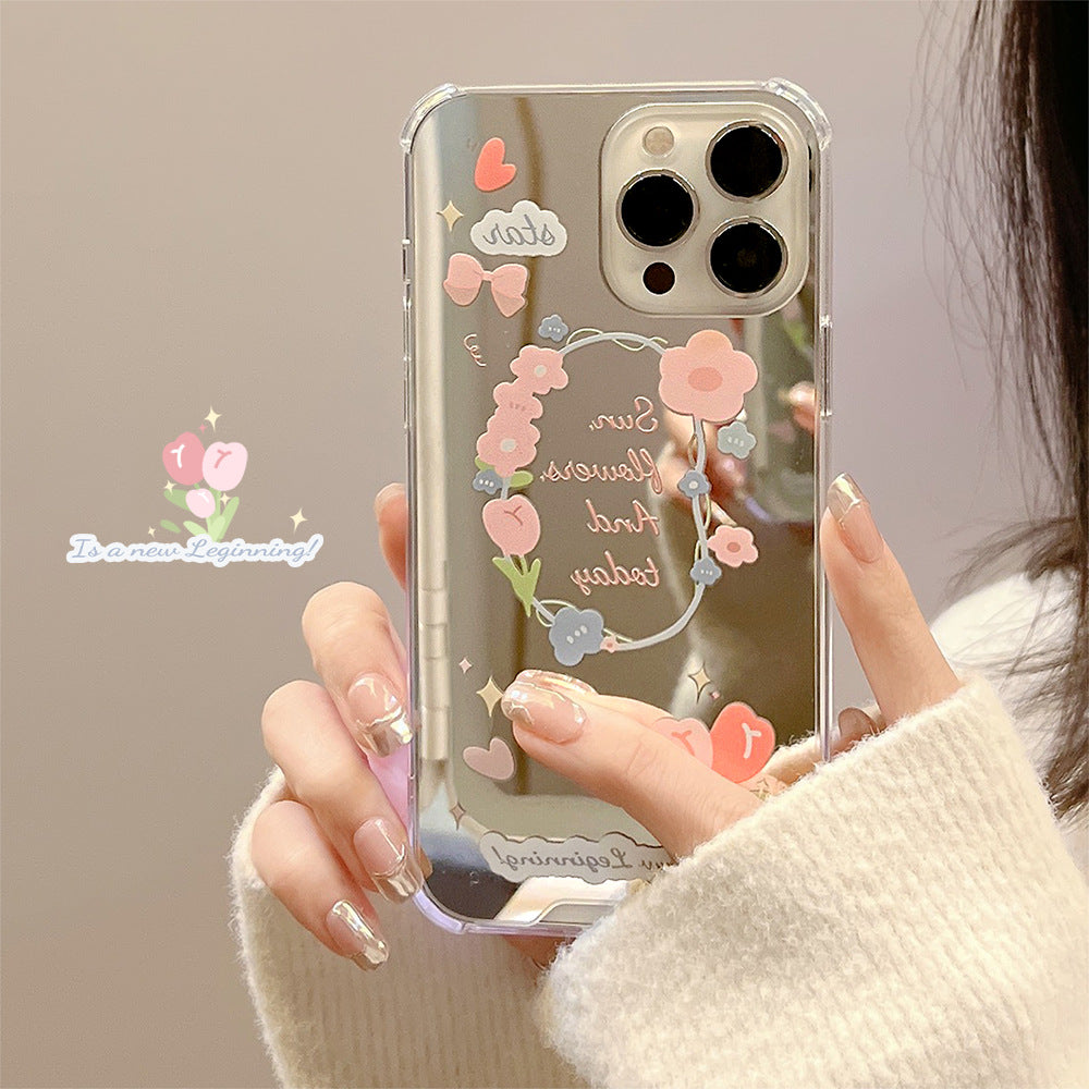 Funda para teléfono móvil Fresh pequeña floral iPhone 17 Apple 16Promax 15 de silicona 11/12 con espejo de maquillaje X