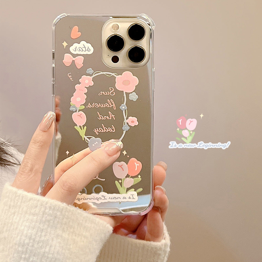 Funda para teléfono móvil Fresh pequeña floral iPhone 17 Apple 16Promax 15 de silicona 11/12 con espejo de maquillaje X