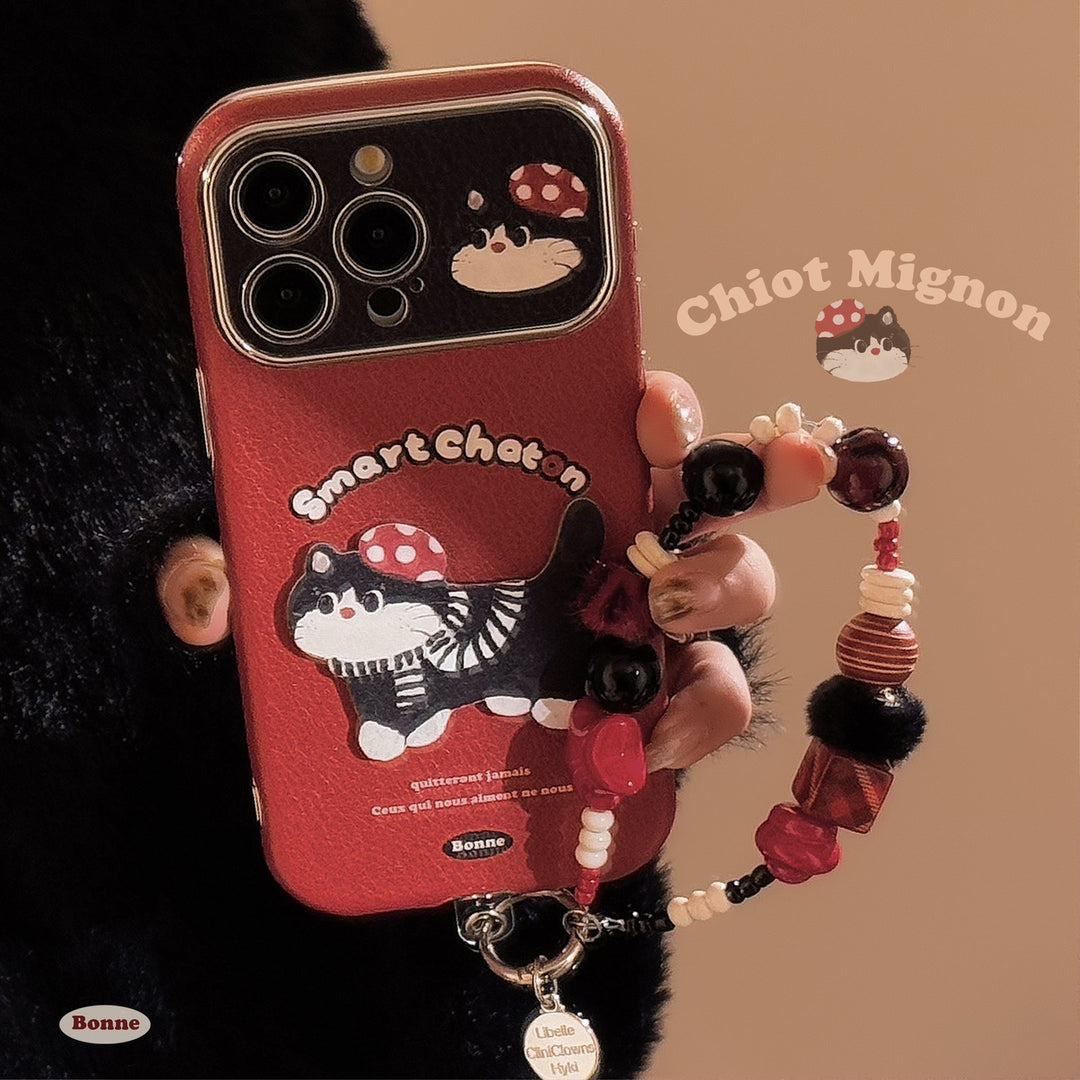 ins red cartoon cat suitable for 16pro max iPhone case iphone15 leather cartoon 17 lanyard