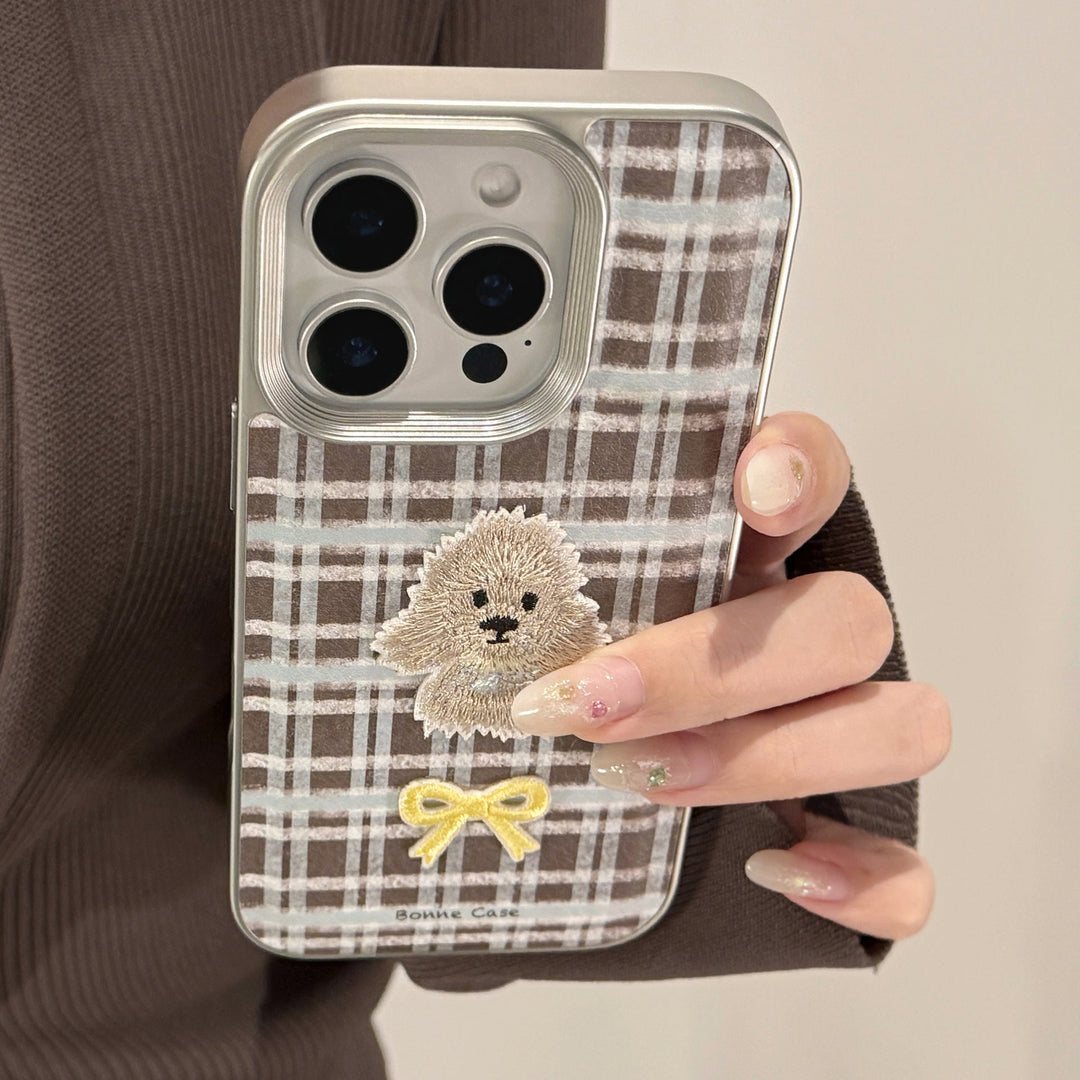 Funda para teléfono móvil de piel retro con bordado a cuadros de cachorro y manzana para iPhone 15, 16, 17promax, 11, anticaída, 14