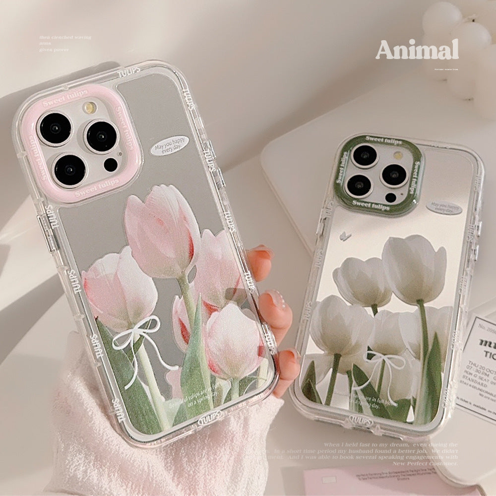 Mirror suitable for 16ProMax Apple 15 mobile phone case iPhone17 pink and white tulip 12 small fresh 11 anti-drop