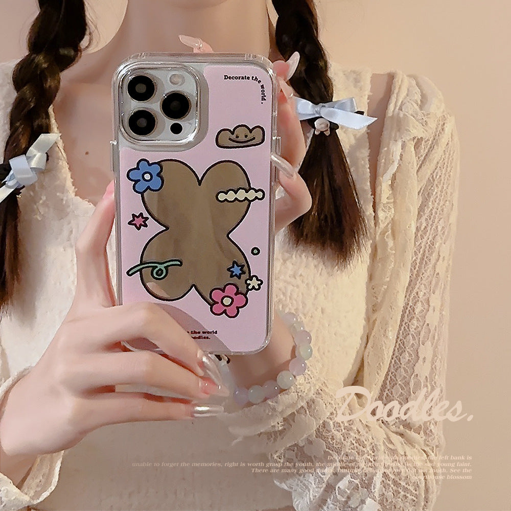 Pink flower geometric iPhone16 for 17promax iPhone case 11 Literature 13 Electroplating mirror 12