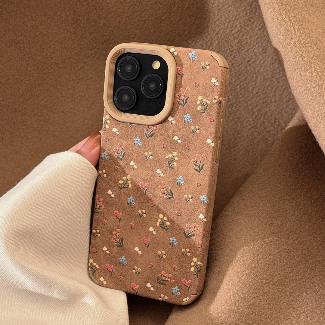 Funda de piel suave con pequeña aplicación floral para iPhone 16 Apple 15, 17promax, estilo retro, literatura y arte, otoño e invierno.