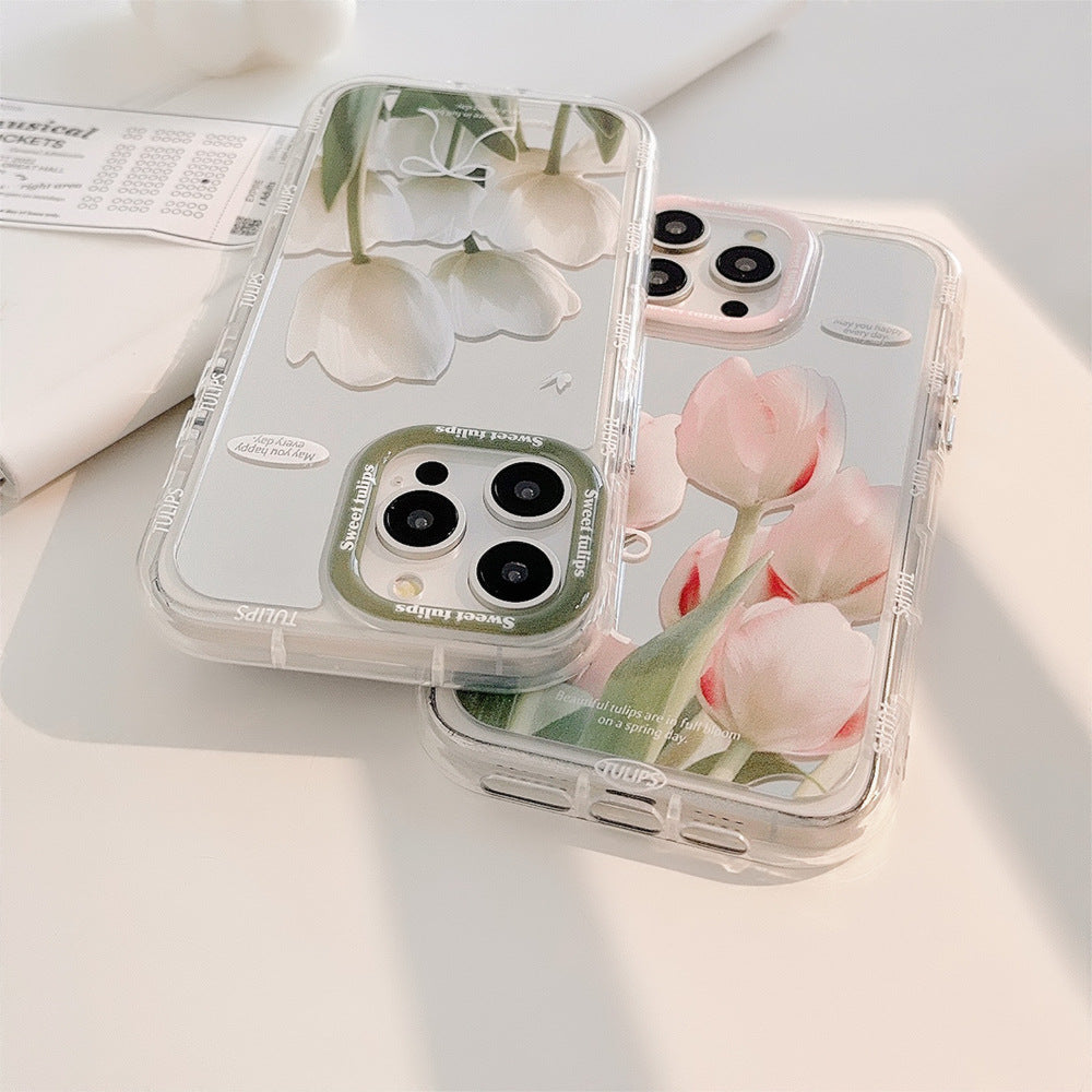 Mirror suitable for 16ProMax Apple 15 mobile phone case iPhone17 pink and white tulip 12 small fresh 11 anti-drop