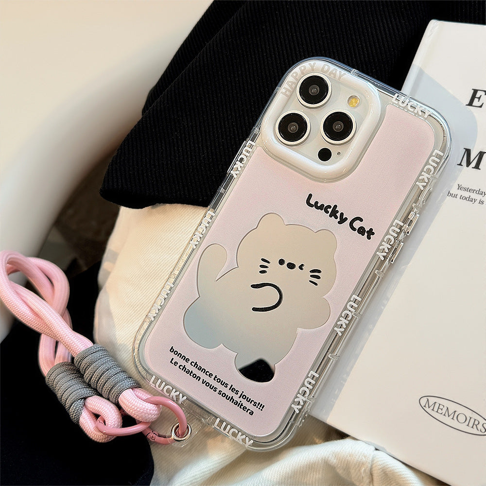 Mirror cute pink cat is suitable for Apple 16 mobile phone case iPhone17ProMax cartoon 12 generation 13 hand rope