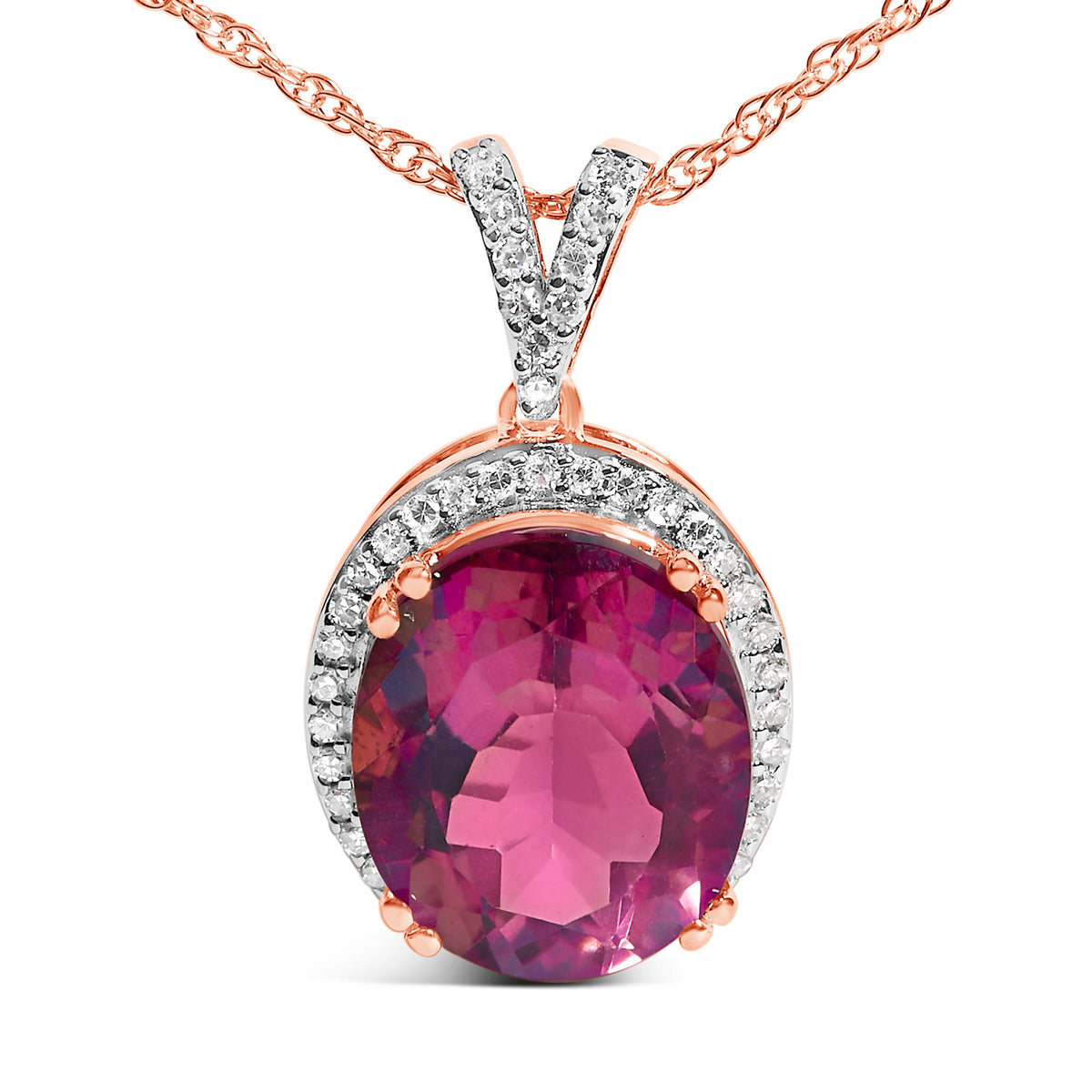 Collar con colgante ovalado de cuarzo rosa y diamante de 1/5 Cttw, plata de ley con baño de oro rosa de 14K