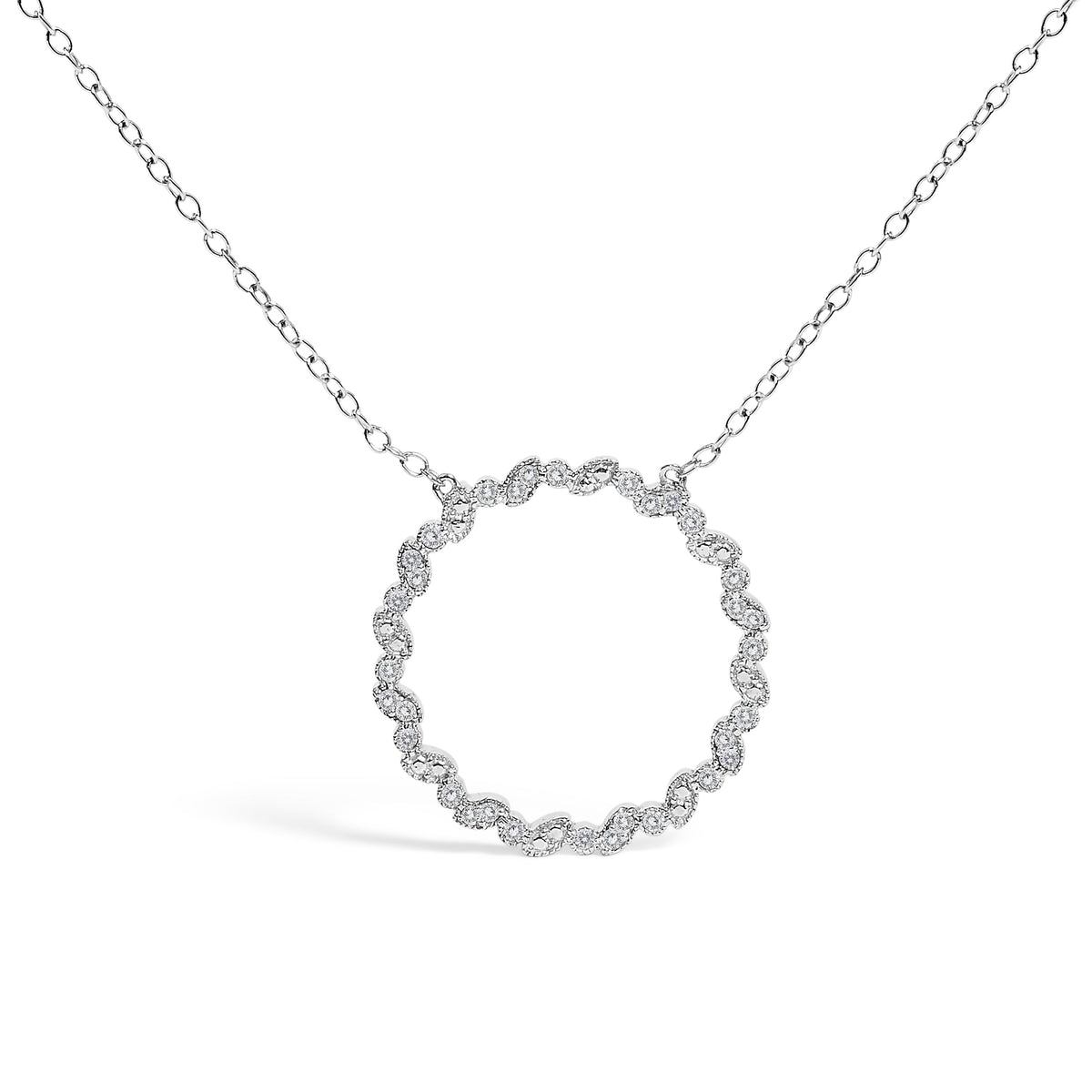 Collar con colgante de círculo de amor con cuentas de plata de ley .925 con diamante cultivado en laboratorio de 1/7 ct. - Tamaño 18 pulgadas